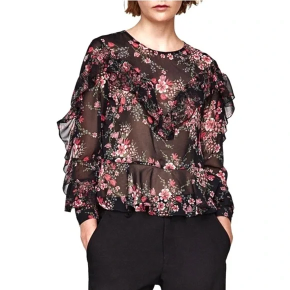 Zara Women Sheer Floral Long Sleeve Ruffled Layered Pink Black Cuffed Blouse SzM - Picture 1 of 15